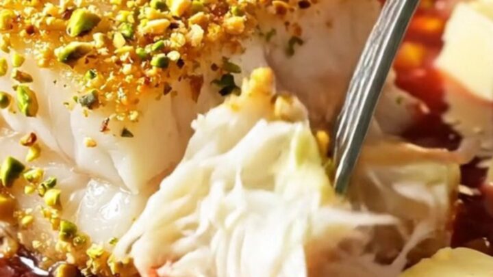 A close-up of a pistachio-crusted halibut fillet served with a rich, velvety blood orange butter sauce.