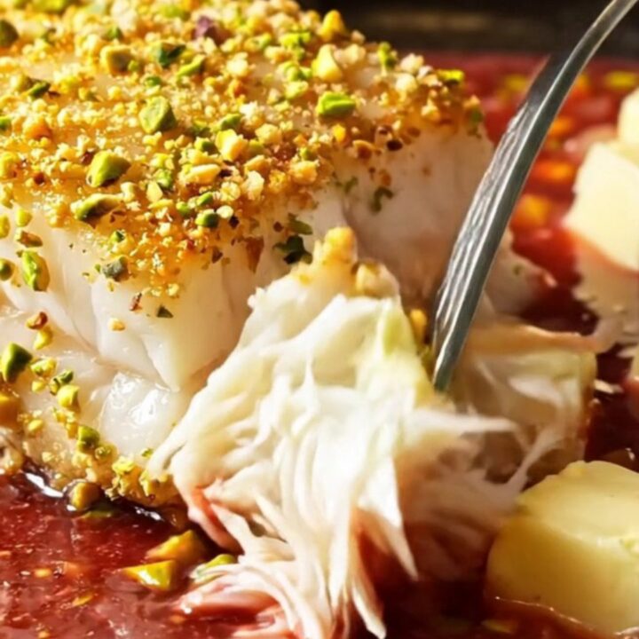 A close-up of a pistachio-crusted halibut fillet served with a rich, velvety blood orange butter sauce.