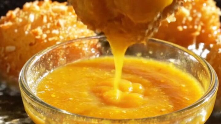 Golden, crispy coconut-crusted Mahi-Mahi bites arranged on a plate with a side of glossy orange mango habanero dip.