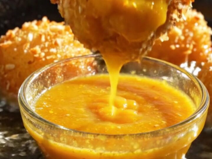 Golden, crispy coconut-crusted Mahi-Mahi bites arranged on a plate with a side of glossy orange mango habanero dip.