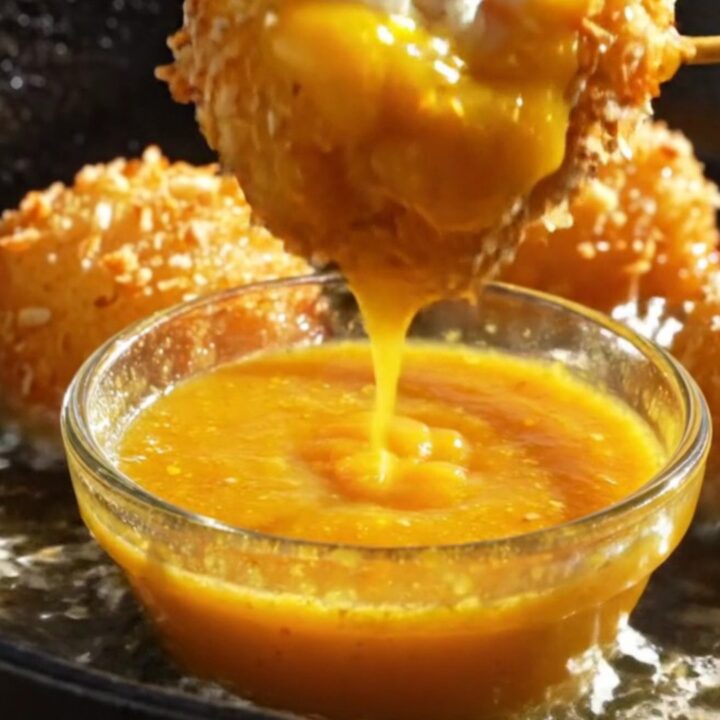 Golden, crispy coconut-crusted Mahi-Mahi bites arranged on a plate with a side of glossy orange mango habanero dip.