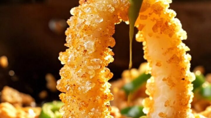 A close-up of golden, crispy salt and pepper calamari rings topped with fried garlic and green jalapeños.