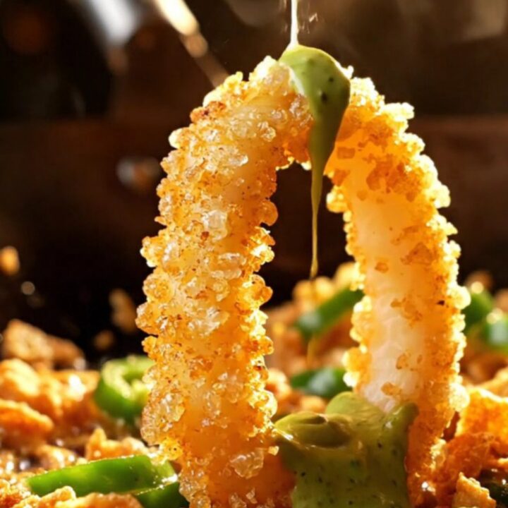 A close-up of golden, crispy salt and pepper calamari rings topped with fried garlic and green jalapeños.