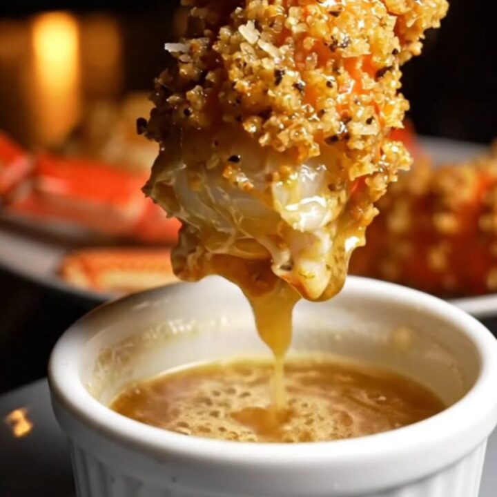 Close-up of butter-drenched Alaskan King Crab legs in a cast-iron skillet with a golden parmesan crust.