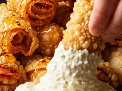 A close-up of crispy golden-brown pepperoni pizza roll-ups drizzled with glistening hot honey.