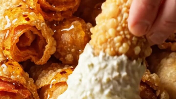 A close-up of crispy golden-brown pepperoni pizza roll-ups drizzled with glistening hot honey.