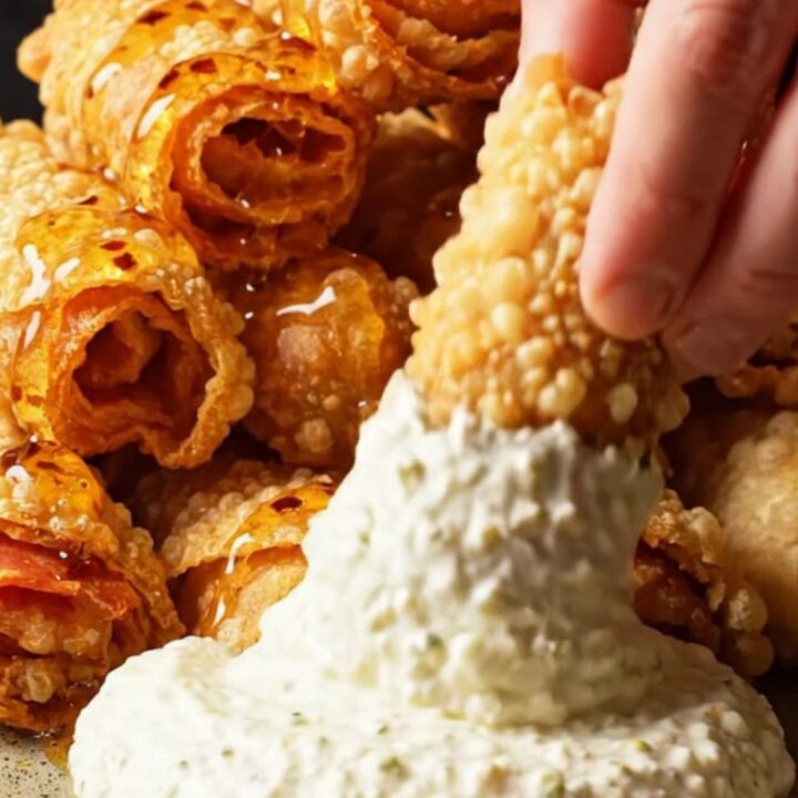 A close-up of crispy golden-brown pepperoni pizza roll-ups drizzled with glistening hot honey.