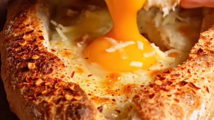 A freshly baked Turkish pide boat filled with melted kasseri cheese and a golden, runny egg yolk.