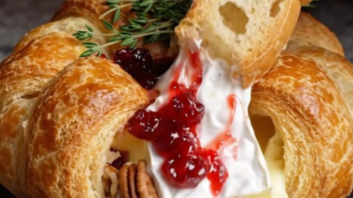 A golden-brown baked brie wheel in puff pastry garnished with fresh thyme on a rustic board.