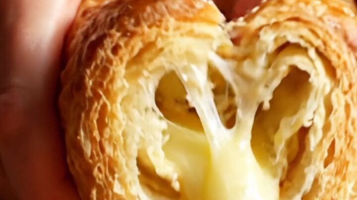 A golden brown, braided puff pastry log filled with creamy spinach and artichoke, sitting on a rustic kitchen board.