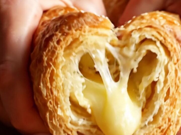 A golden brown, braided puff pastry log filled with creamy spinach and artichoke, sitting on a rustic kitchen board.