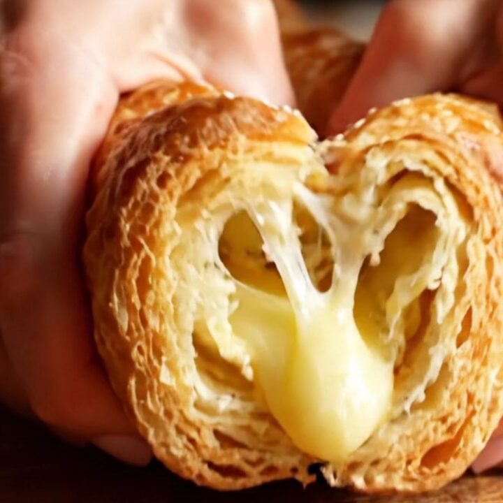 A golden brown, braided puff pastry log filled with creamy spinach and artichoke, sitting on a rustic kitchen board.