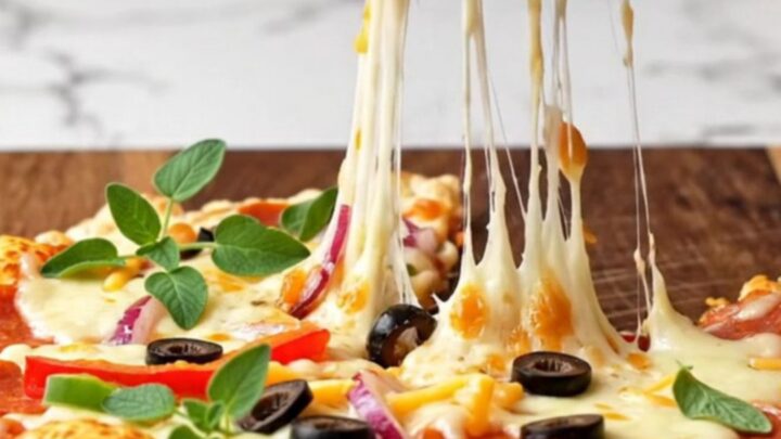 A crispy double-stack supreme tortilla pizza sliced on a wooden board with fresh oregano.