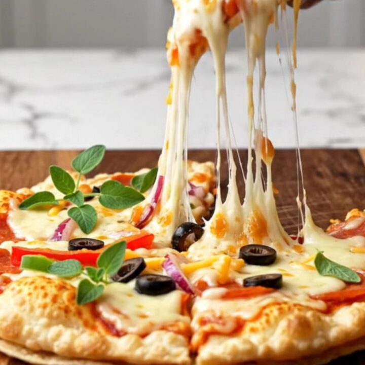 A crispy double-stack supreme tortilla pizza sliced on a wooden board with fresh oregano.