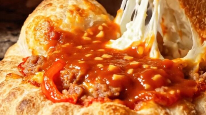 A golden-brown crispy calzone sliced open to reveal a steaming, cheesy ricotta and sausage filling.