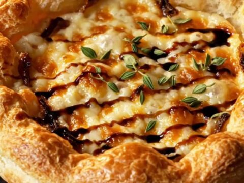 A golden, crispy puff pastry tart topped with jammy caramelized onions, melted gruyere