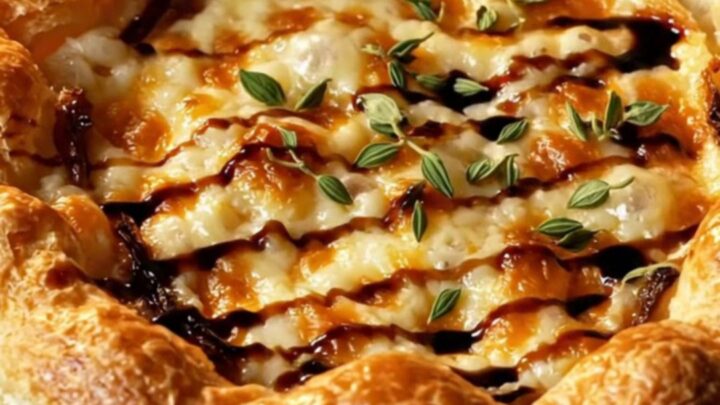 A golden, crispy puff pastry tart topped with jammy caramelized onions, melted gruyere