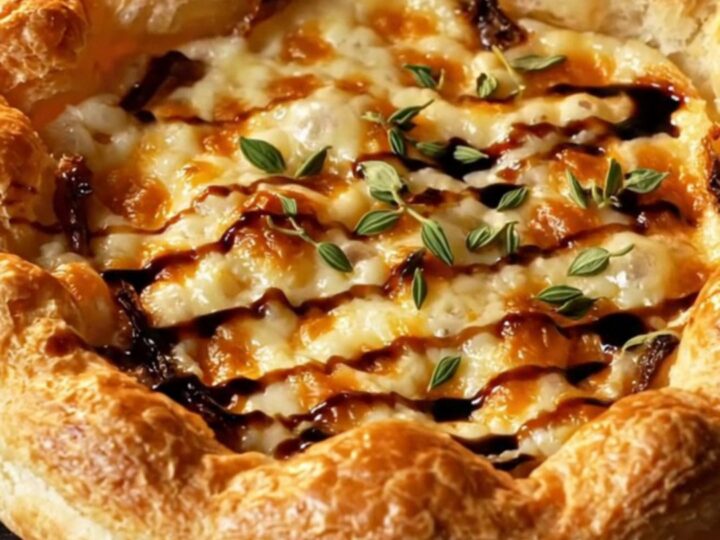 A golden, crispy puff pastry tart topped with jammy caramelized onions, melted gruyere