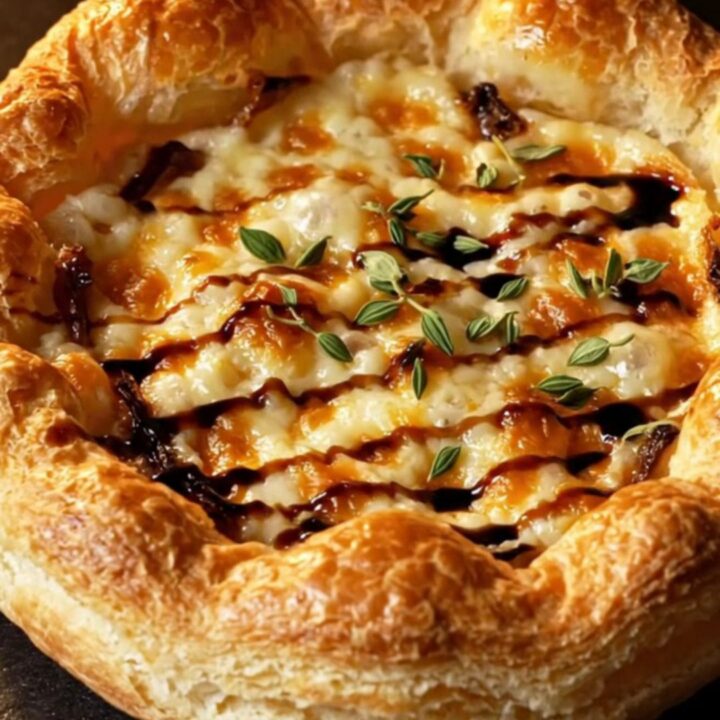 A golden, crispy puff pastry tart topped with jammy caramelized onions, melted gruyere