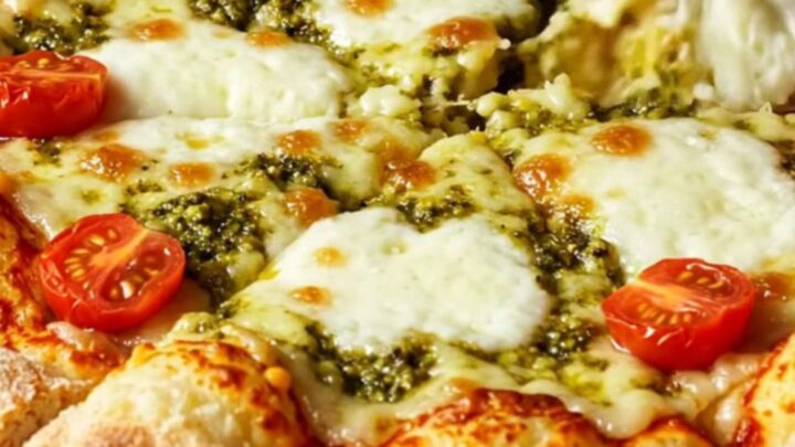 A close-up of a crispy smashed potato pizza with golden cheese and fresh toppings.