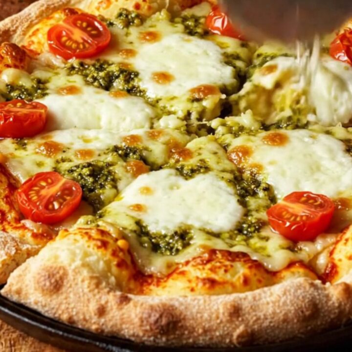 A close-up of a crispy smashed potato pizza with golden cheese and fresh toppings.