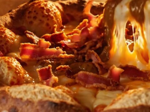A close-up of a cheddar stuffed pretzel crust pizza slice being pulled away, showing molten cheese.