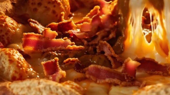 A close-up of a cheddar stuffed pretzel crust pizza slice being pulled away, showing molten cheese.