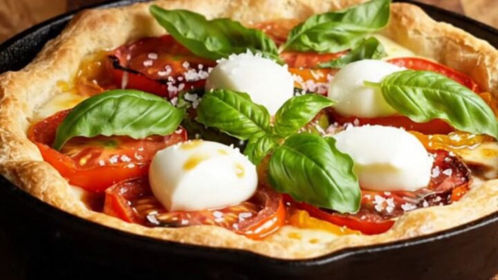 A golden, caramelized upside-down puff pastry tomato tart on a wooden platter.