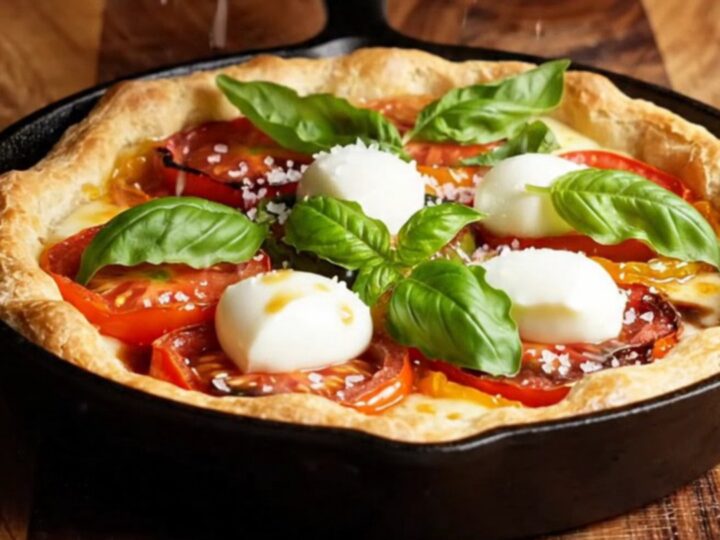 A golden, caramelized upside-down puff pastry tomato tart on a wooden platter.