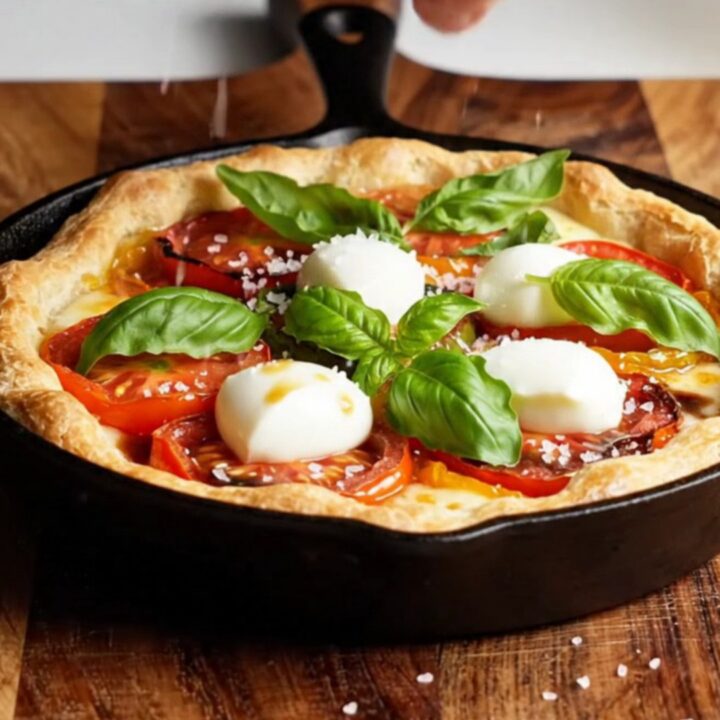 A golden, caramelized upside-down puff pastry tomato tart on a wooden platter.