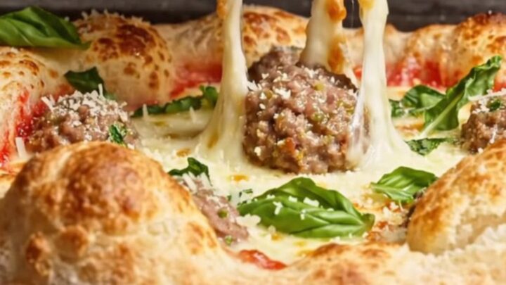 A close-up of a meatball-stuffed crown crust pizza with a rich vodka sauce center.