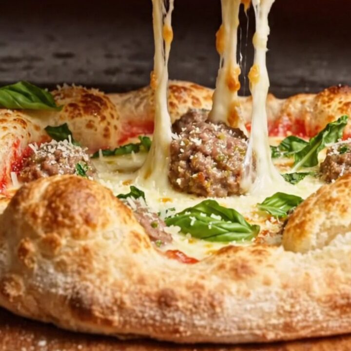 A close-up of a meatball-stuffed crown crust pizza with a rich vodka sauce center.