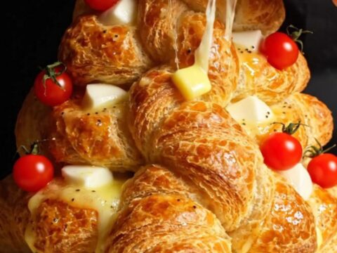 A festive puff pastry Christmas tree filled with pesto and mozzarella, topped with cherry tomatoes.
