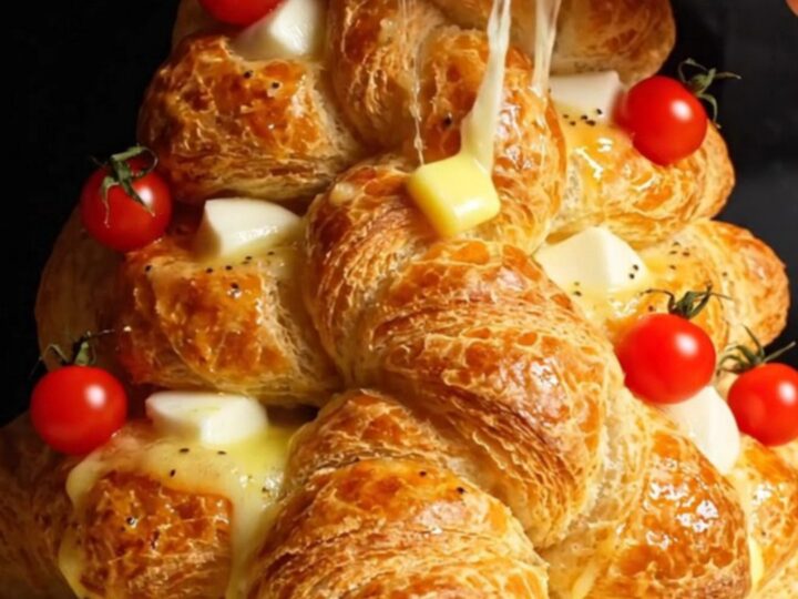 A festive puff pastry Christmas tree filled with pesto and mozzarella, topped with cherry tomatoes.