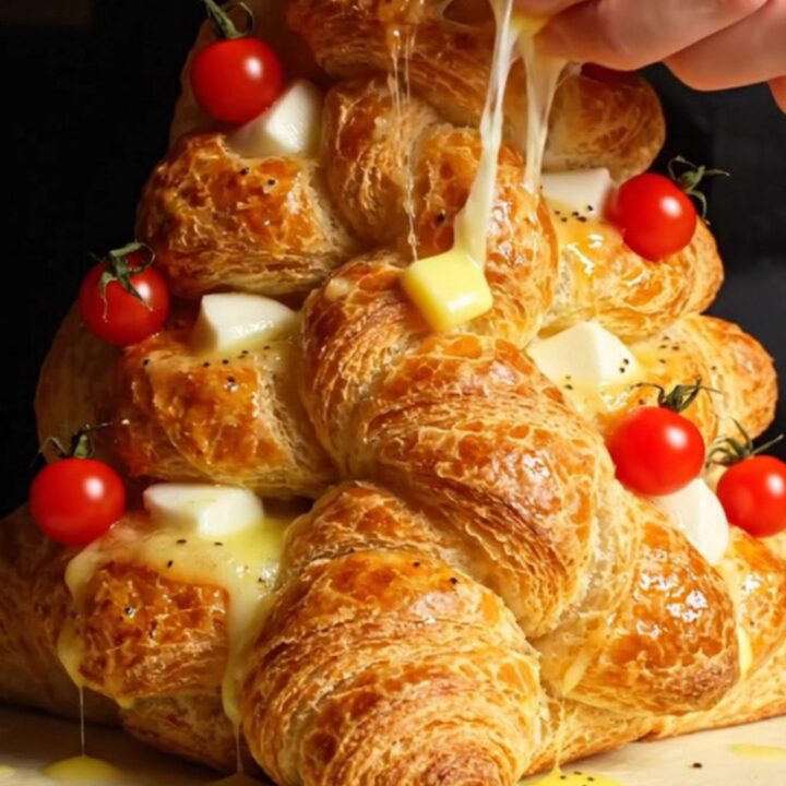 A festive puff pastry Christmas tree filled with pesto and mozzarella, topped with cherry tomatoes.