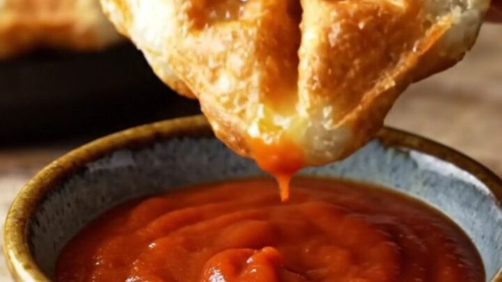 A crispy waffle iron pizza pocket cut diagonally, showing melted mozzarella and pepperoni inside.
