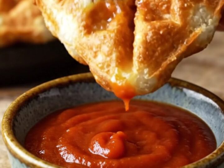 A crispy waffle iron pizza pocket cut diagonally, showing melted mozzarella and pepperoni inside.