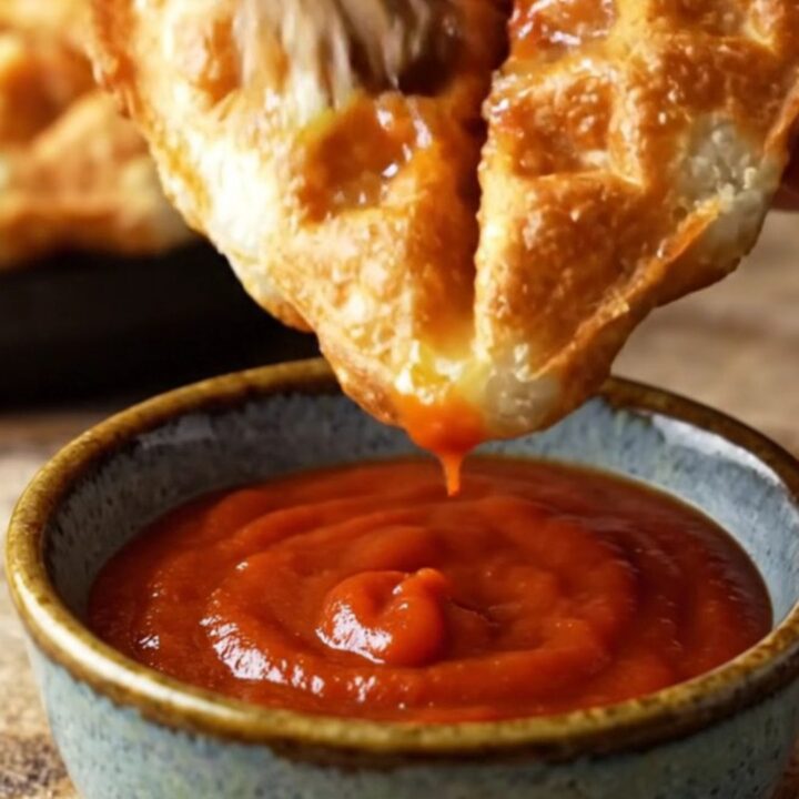 A crispy waffle iron pizza pocket cut diagonally, showing melted mozzarella and pepperoni inside.
