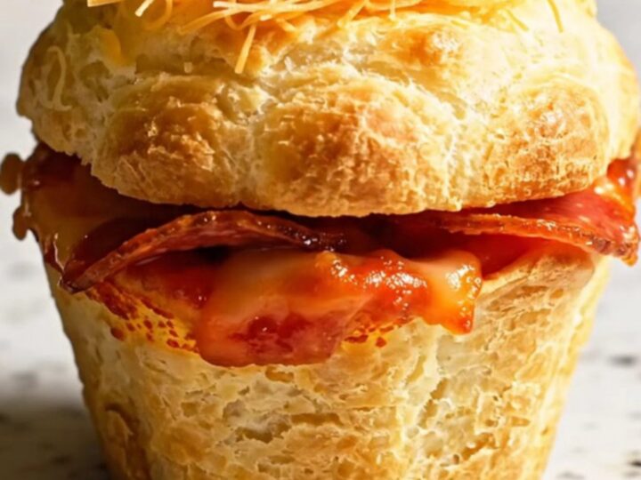 A close-up of a crispy muffin tin pizza cup being lifted, showing a golden brown crust and melted cheese.