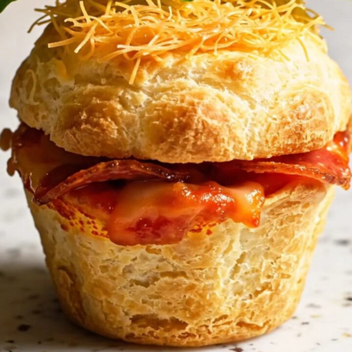 A close-up of a crispy muffin tin pizza cup being lifted, showing a golden brown crust and melted cheese.