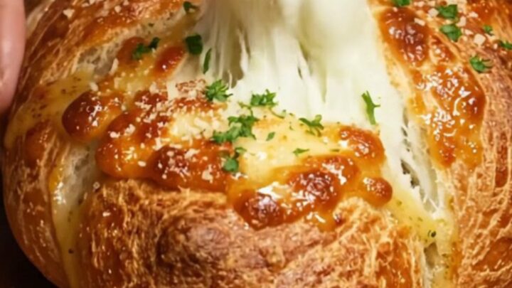A braided chicken alfredo pizza loaf sliced open to reveal creamy filling.