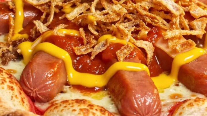A close-up of a stuffed crust pizza slice being pulled apart, showing melted cheddar and a smoky beef frank inside.