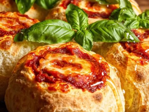 A close-up of a spicy nduja and provola pizza pinwheel showing the swirled layers.
