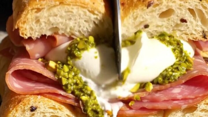 A crispy, golden-brown focaccia sandwich sliced in half, revealing layers of mortadella and creamy, oozing burrata cheese.