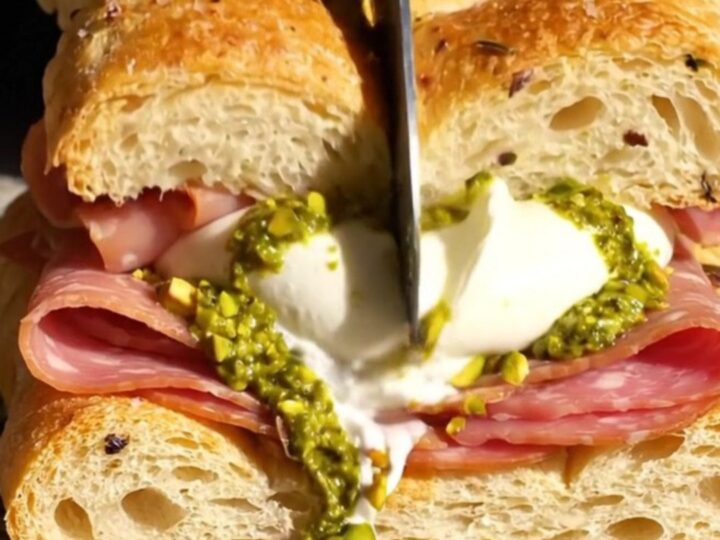 A crispy, golden-brown focaccia sandwich sliced in half, revealing layers of mortadella and creamy, oozing burrata cheese.