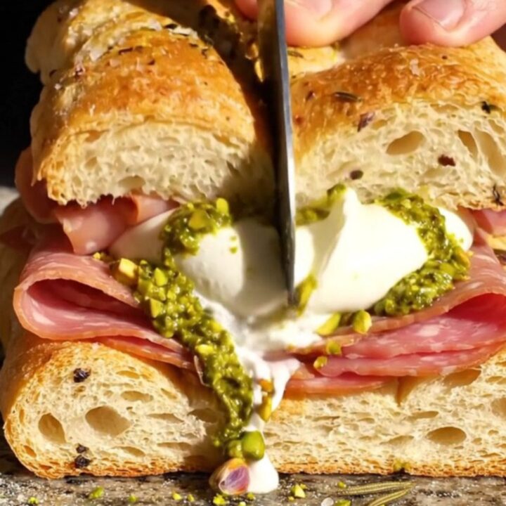 A crispy, golden-brown focaccia sandwich sliced in half, revealing layers of mortadella and creamy, oozing burrata cheese.