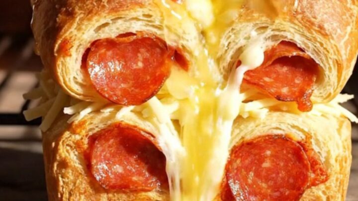A golden, buttery pull-apart loaf with melted mozzarella and pepperoni, showing long cheese strings.