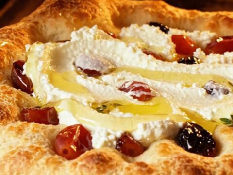 A golden-brown focaccia topped with blistered red grapes, fresh thyme, and creamy whipped feta, drizzled with honey.