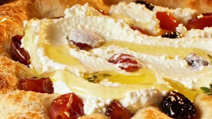A golden-brown focaccia topped with blistered red grapes, fresh thyme, and creamy whipped feta, drizzled with honey.