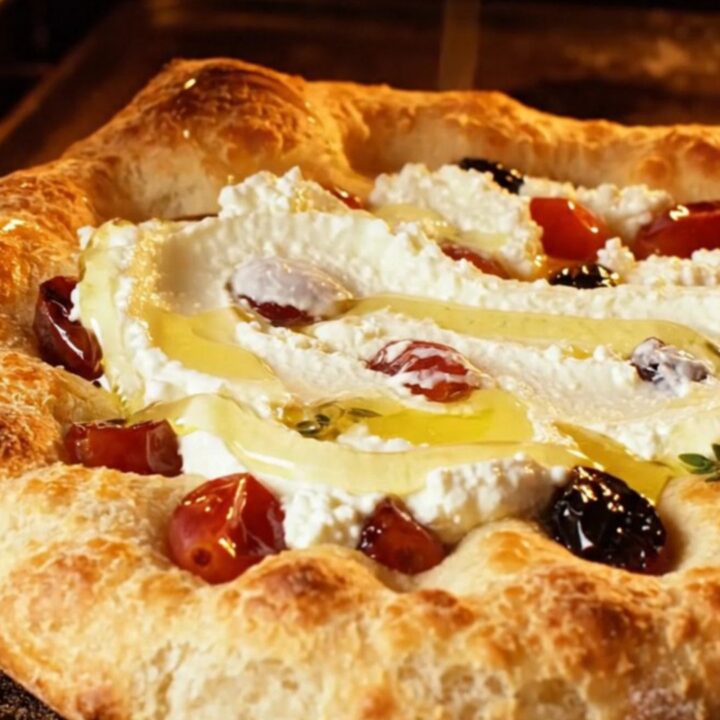 A golden-brown focaccia topped with blistered red grapes, fresh thyme, and creamy whipped feta, drizzled with honey.